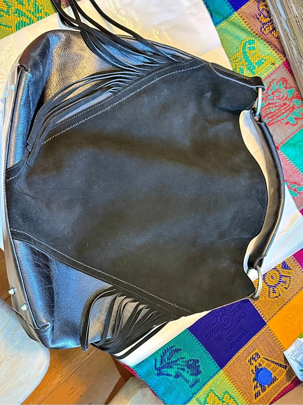 Con Valore Black Leather Suede Fringe Large Hobo Shoulder Bag